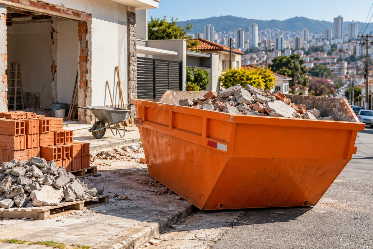 Caçamba laranja com entulho de concreto e tijolos em uma reforma em Guarulhos