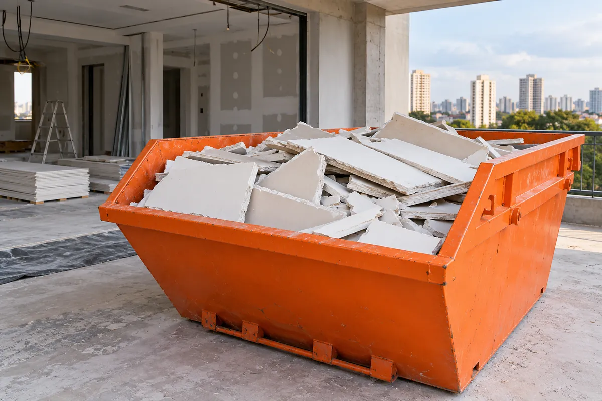 Caçamba laranja com placas de gesso e drywall separadas em uma obra