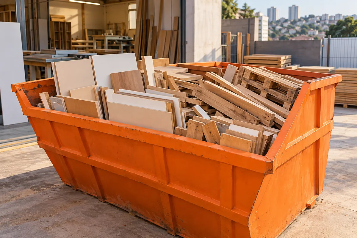 Caçamba laranja com sobras separadas de madeira, MDF e pallets