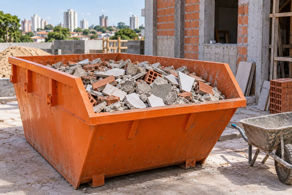 Caçamba laranja carregada com tijolos, concreto e cerâmica de uma obra