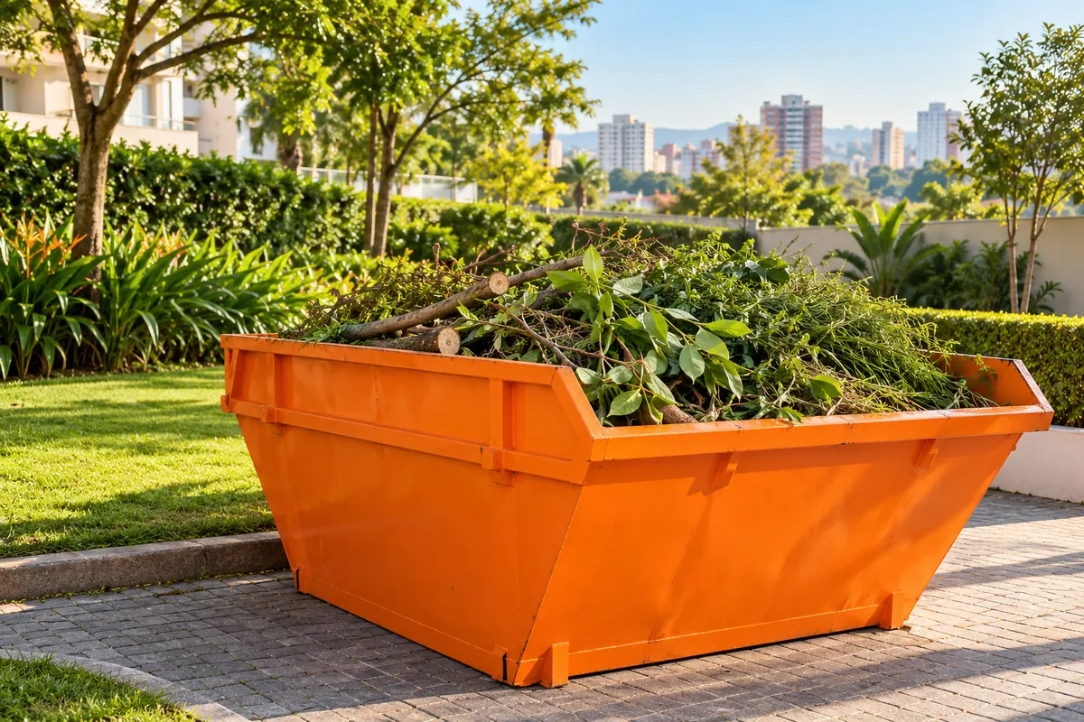 Caçamba laranja com galhos, folhas e resíduos de jardinagem em Guarulhos