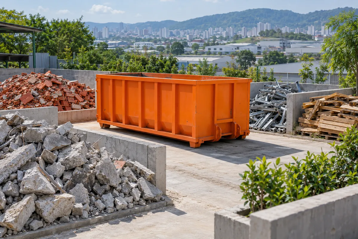 Área organizada para triagem e descarte correto de resíduos de construção