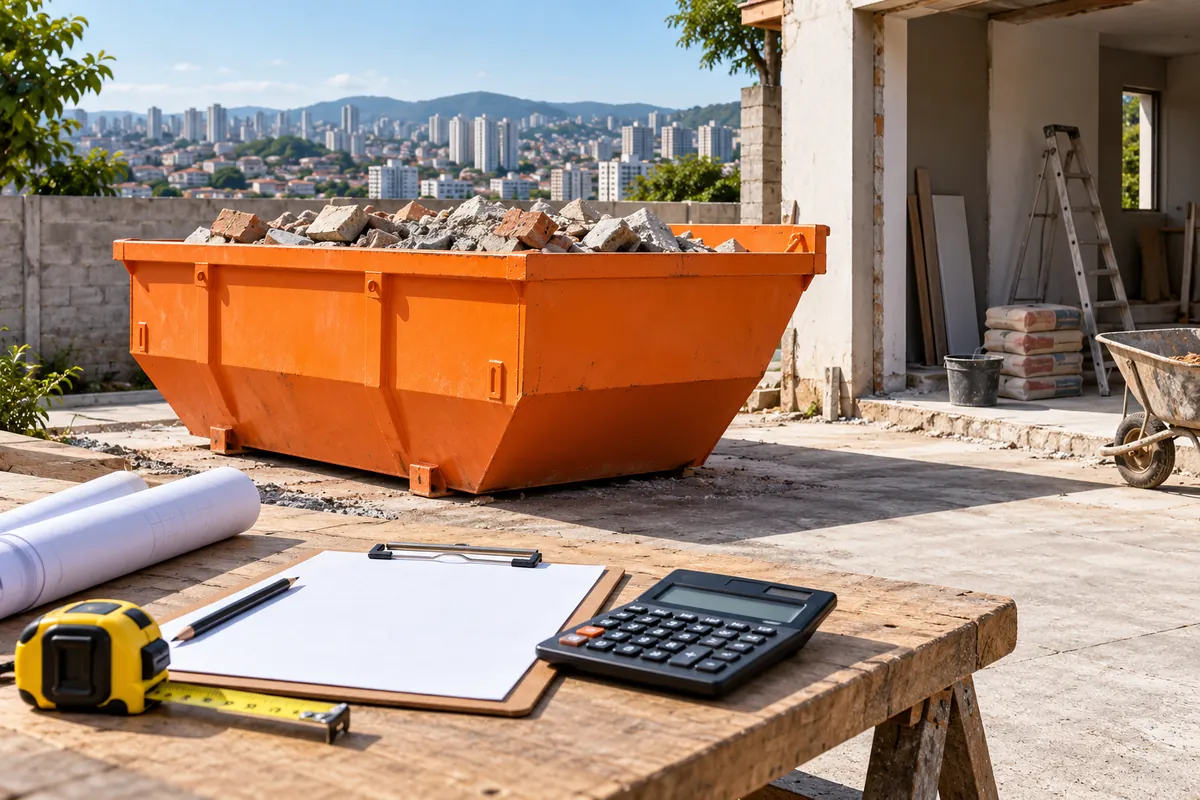 Caçamba laranja em uma reforma com calculadora e materiais de orçamento