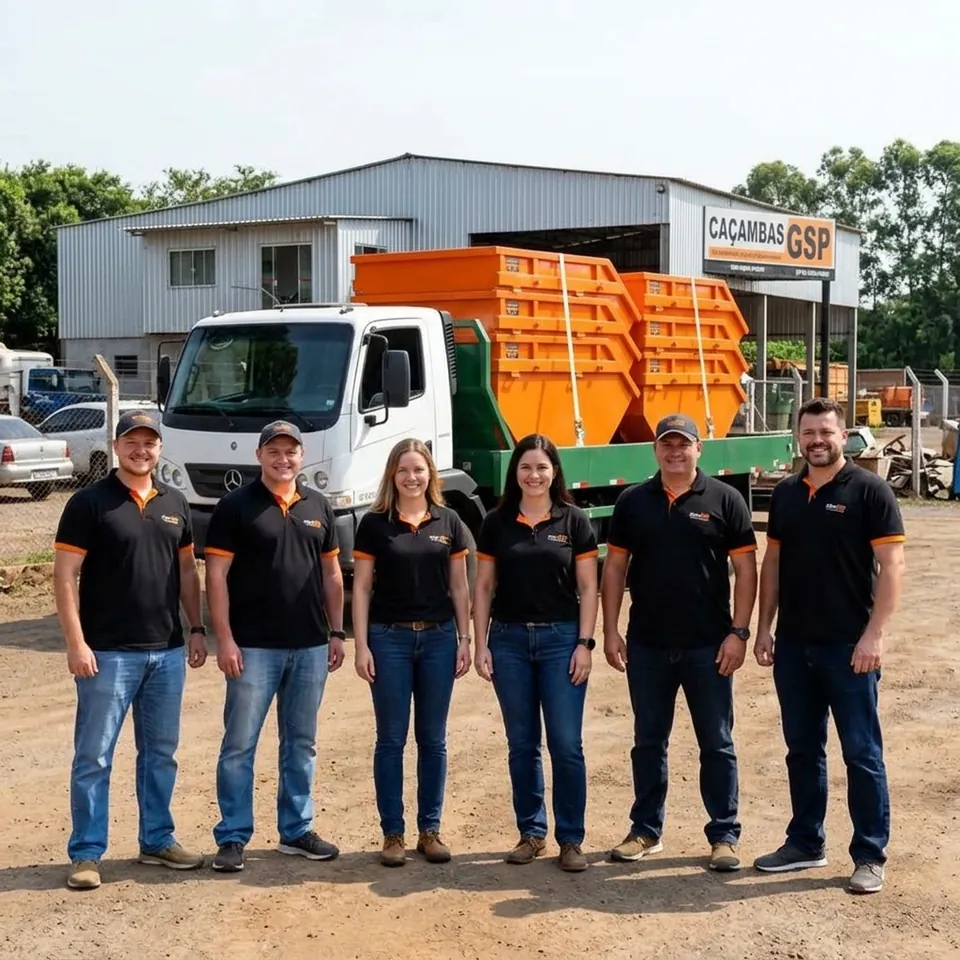 Equipe da Caçambas Guarulhos com caminhão e caçambas